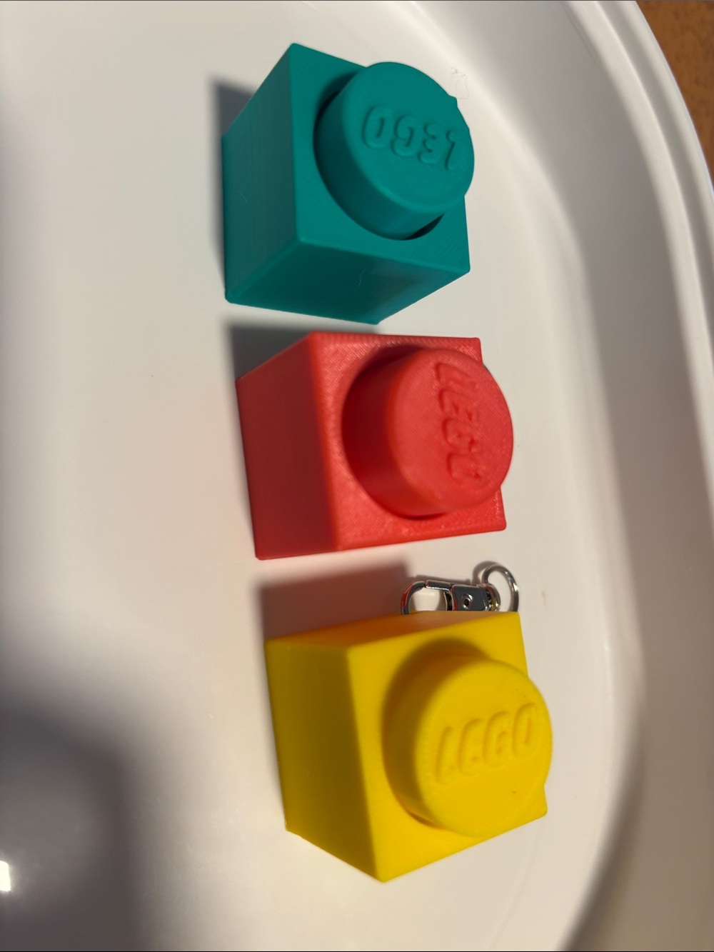3 lego fidget clicker Keychain Set in Teal, Red, Yellow